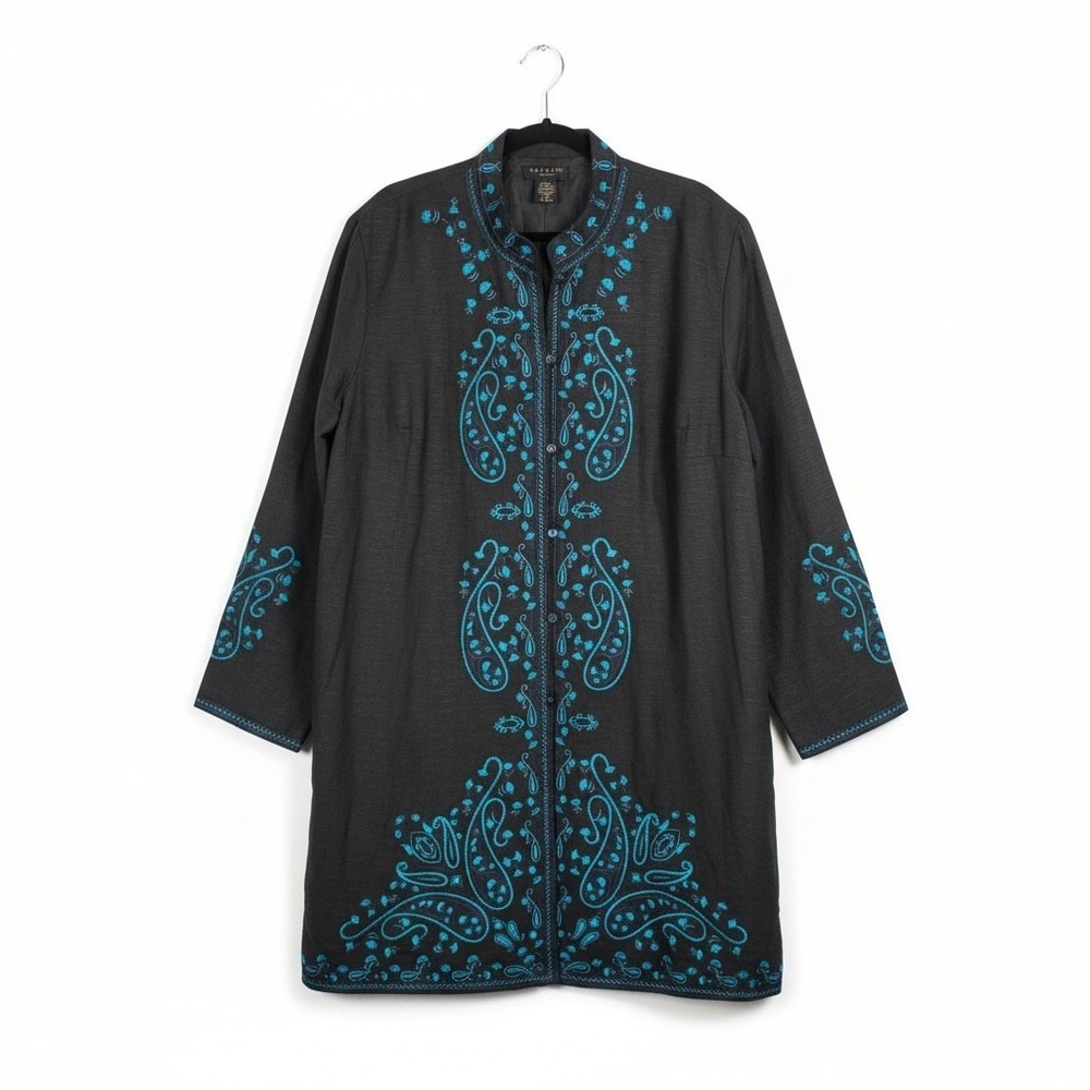 Silkland Jacket 3X Womens Black Turquoise Paisley Silk Rayon Embroidered Long